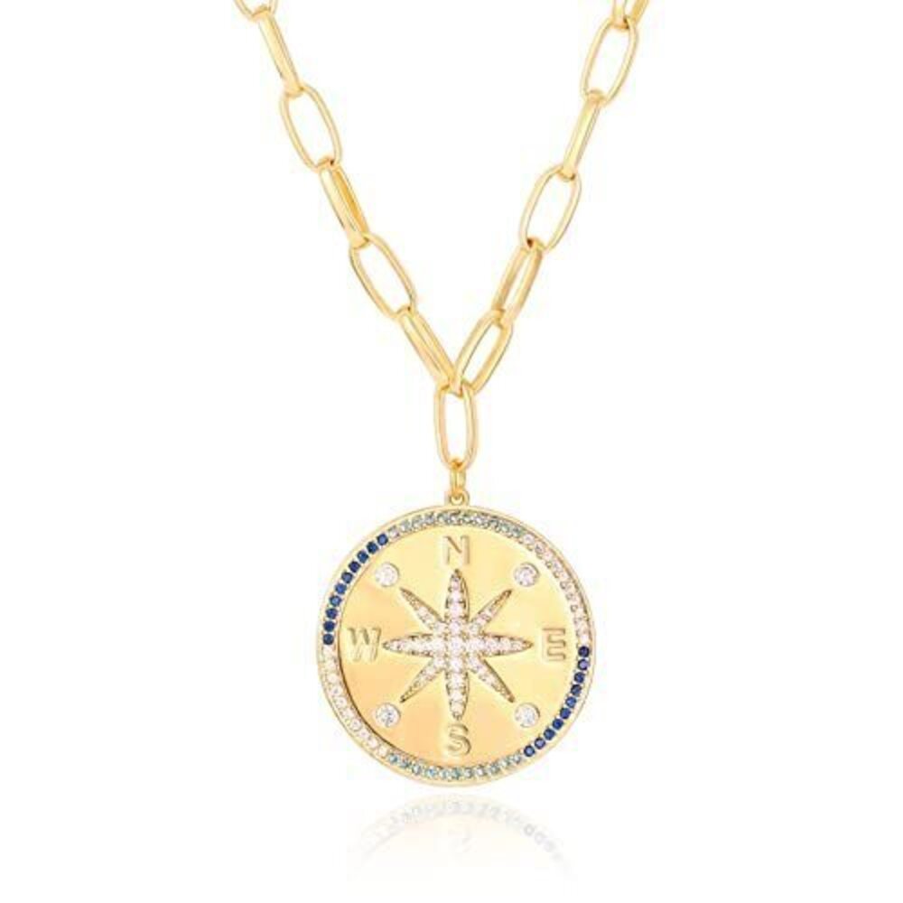 5849 Large CZ Compass Necklace 18K Gold Starburst Coin Pendant Necklace